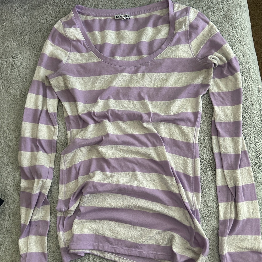 Express Purple and Cream Striped Long Sleeve Tee